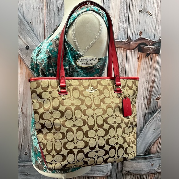 Coach Signature Canvas Tote Bag - Red and Brown - Picture 2 of 12